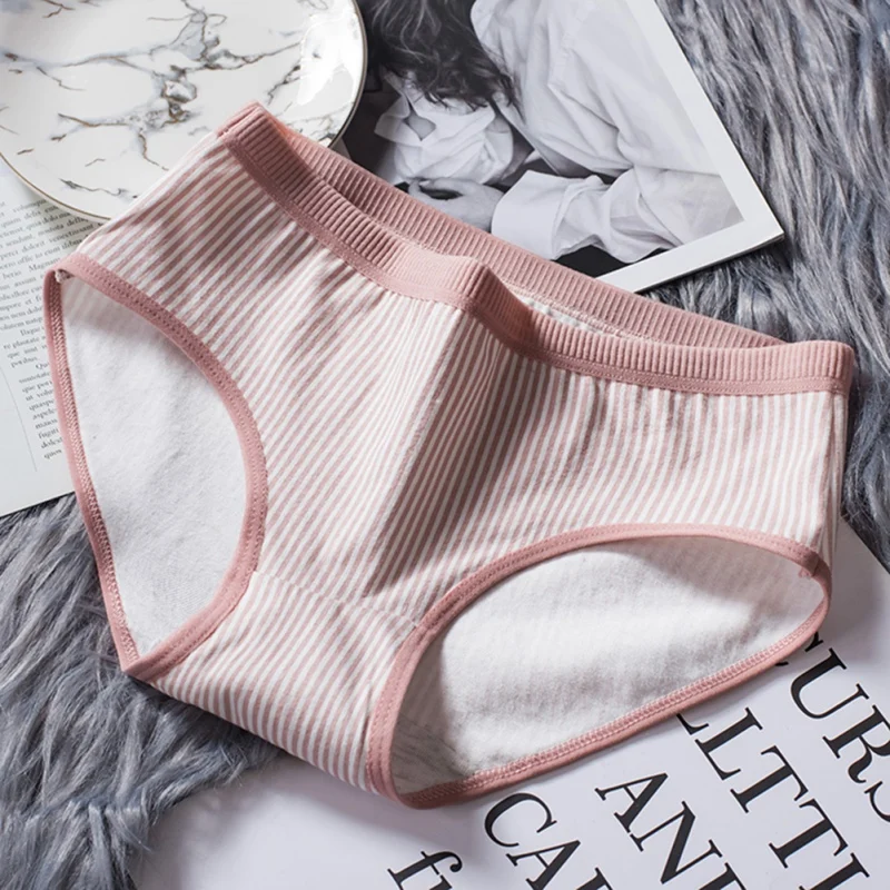 Women Panties Female Cotton Briefs Solid 6 Colors Cute Japanese Mid-waist Lingerie Underpants for Girls Striped Cotton Pantys