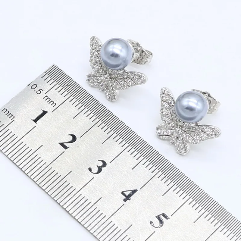 925 серебряные ювелирные наборы для женщин серое белое синее Жемчужное ожерелье серьги-гвоздики с подвеской Кольца подарочная коробка