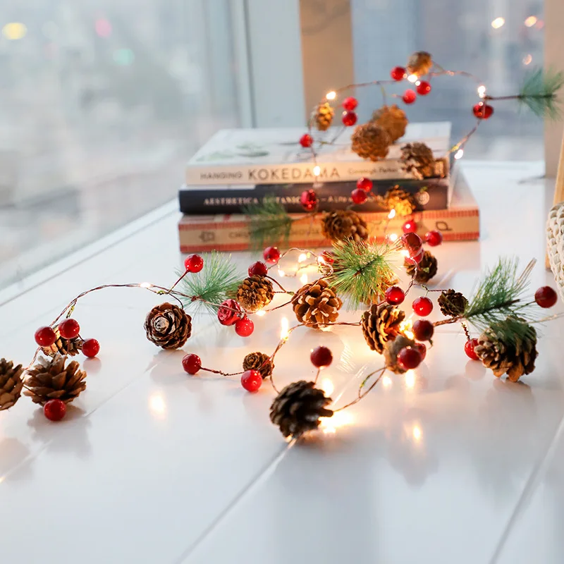 2 м 20 светодиодов, Рождественский струнный светильник, сосновый конус, красная ягода, сказочный светильник, на батарейках, для рождества, праздника, праздника, вечерние, Декор