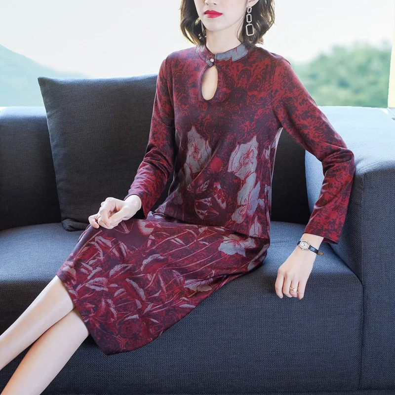 

2020 Early Spring New Style Chinese Style Retro Lady Dress Women's Simple Elegant Stand Collar Long Sleeve over-the-Knee Dress