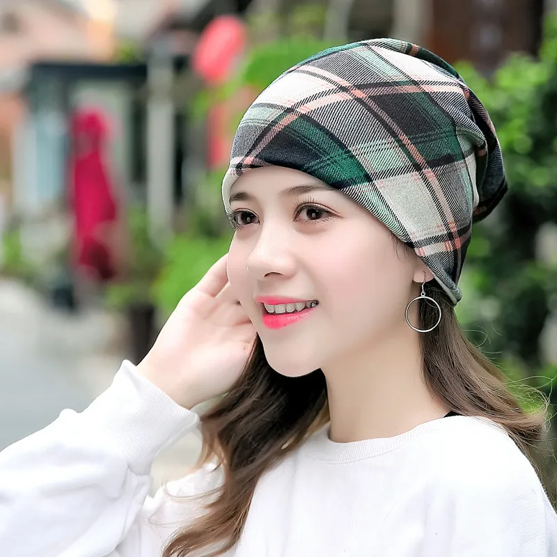 2022 New Fashion Pile Cap Check Print Multi Use Headwrap Chemo Hat Slouchy Beanie white skully hat