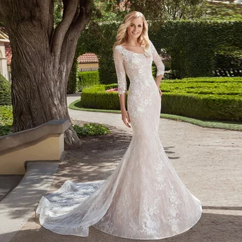 

2020 Elegant Appliques Lace Mermaid Wedding Dresses Vestido De Novia Sirena V-neck Buttons Up Three Quarter Sleeve Trumpet Gowns