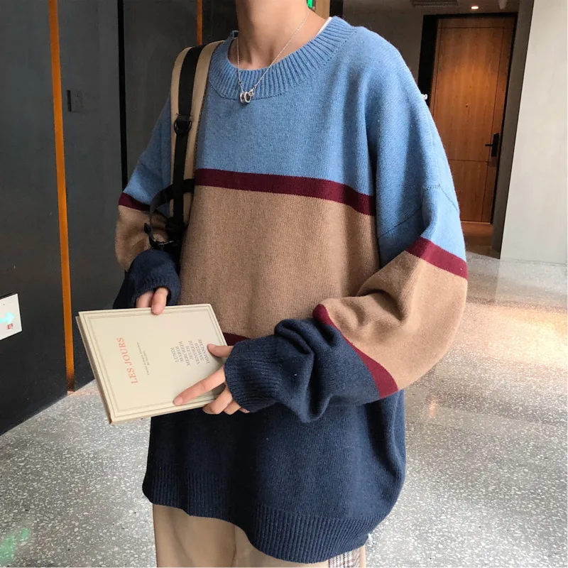 Winter Sweater Men's Warm Fashion Contrast Color Casual Knit Sweater Man Sweter Clothes Wild Loose Long-sleeved Pullover Men
