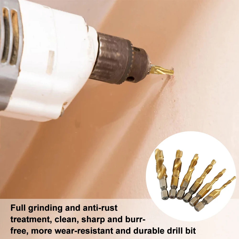 6pcs 1/4" M3-M10 Screw Tap Drill Bits HSS Countersink Coated Taps Hex Shank Thread Woodworking Drill Bits Hand Tools