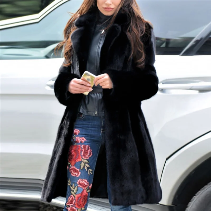 Женское пальто с меховым воротником, модное женское теплое пальто с искусственным мехом, зимняя куртка с v-образным вырезом, однотонная длинная верхняя одежда, зимняя, размера плюс