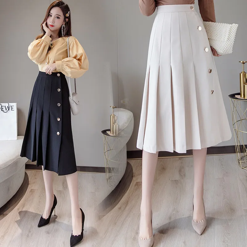 MUMUZI Женская плиссированная юбка с высокой талией, длинные женские ретро юбки с боковыми пуговицами, женские юбки, мода, Однотонная юбка Jupe