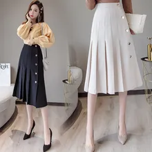 MUMUZI Женская плиссированная юбка с высокой талией, длинные женские ретро юбки с боковыми пуговицами, женские юбки, мода, Однотонная юбка Jupe