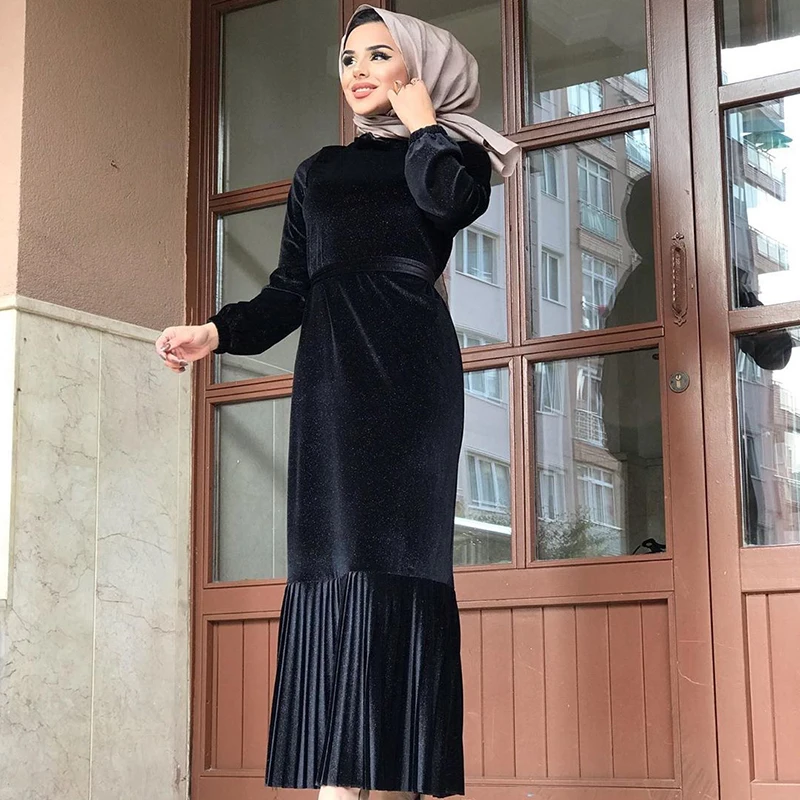 Черное мусульманское платье Abaya бархатное Плиссированное однотонное макси в