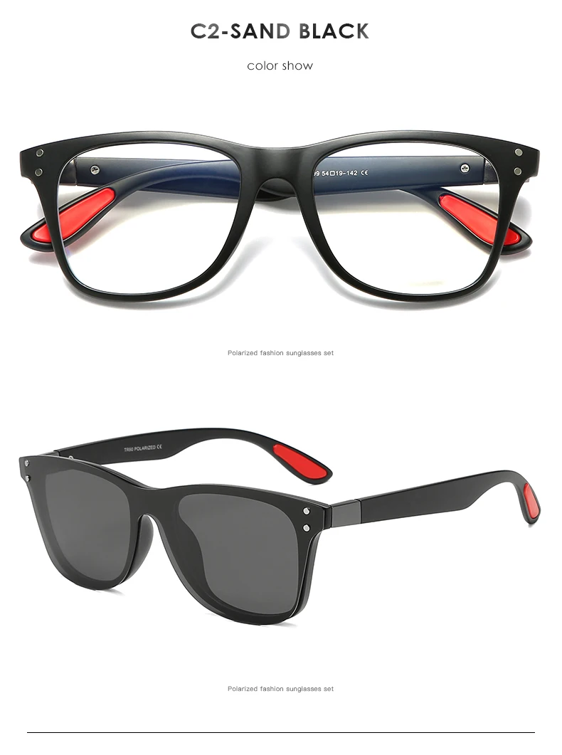 TR90 поляризованные солнцезащитные очки для женщин и мужчин Классические анти-голубые легкие очки оправа с прозрачными линзами клип на очки Oculos UV400 - Цвет линз: C2Sand Black