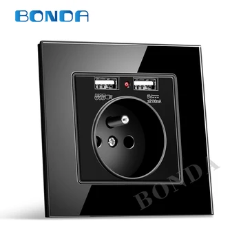 

BONDA Eu standard wall plug power plug, dual USB socket, glass panel USB charger plug, wall mounted French socket with column