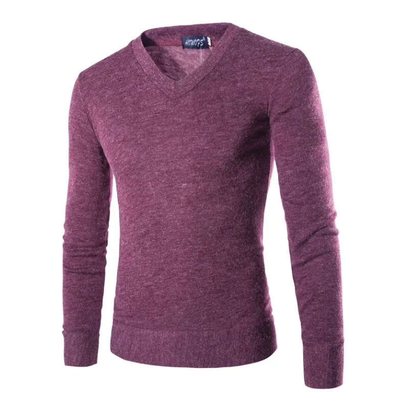 Новинка, хлопковый мужской свитер с длинным рукавом, пуловер, верхняя одежда, мужские свитера с v-образным вырезом, топы, облегающая Однотонная вязанная одежда, 7 цветов - Цвет: purple