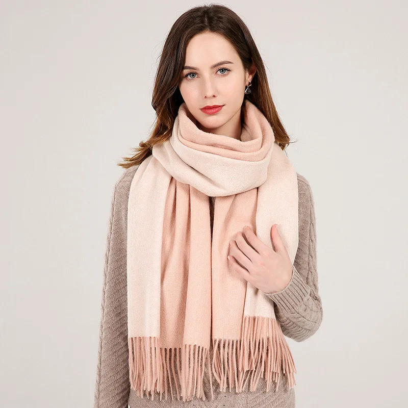 Двусторонний шарф из натуральной шерсти для женщин, брендовые Теплые шали и палантины, женские одноцветные шали, зимние кашемировые шерстяные шарфы