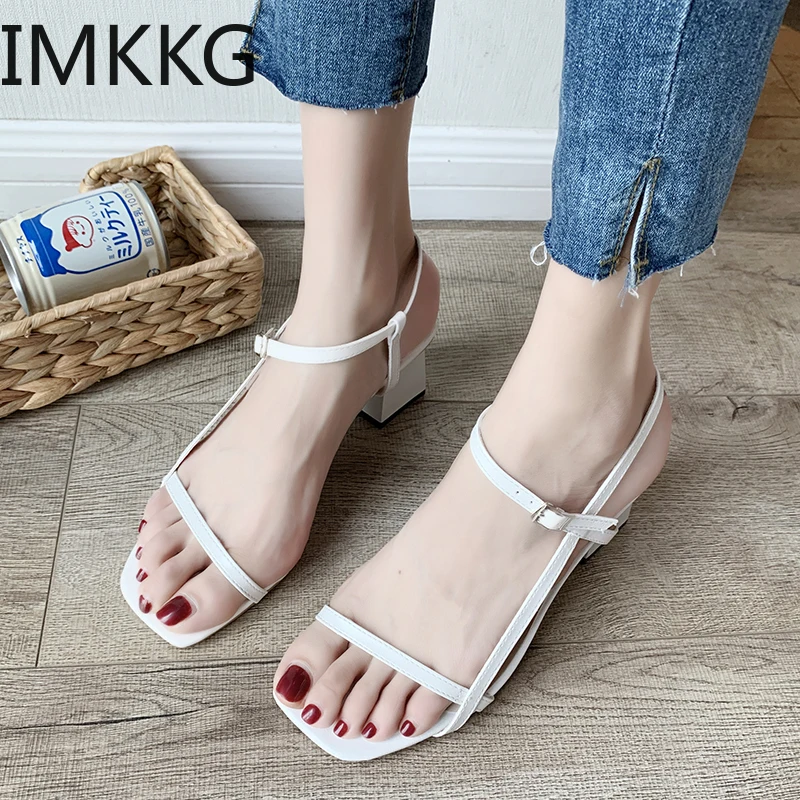 Fashion Women Sandals Shoes Peep Toe Party Square Heel narrow band Summer white shoes women zapatos mujer | Обувь