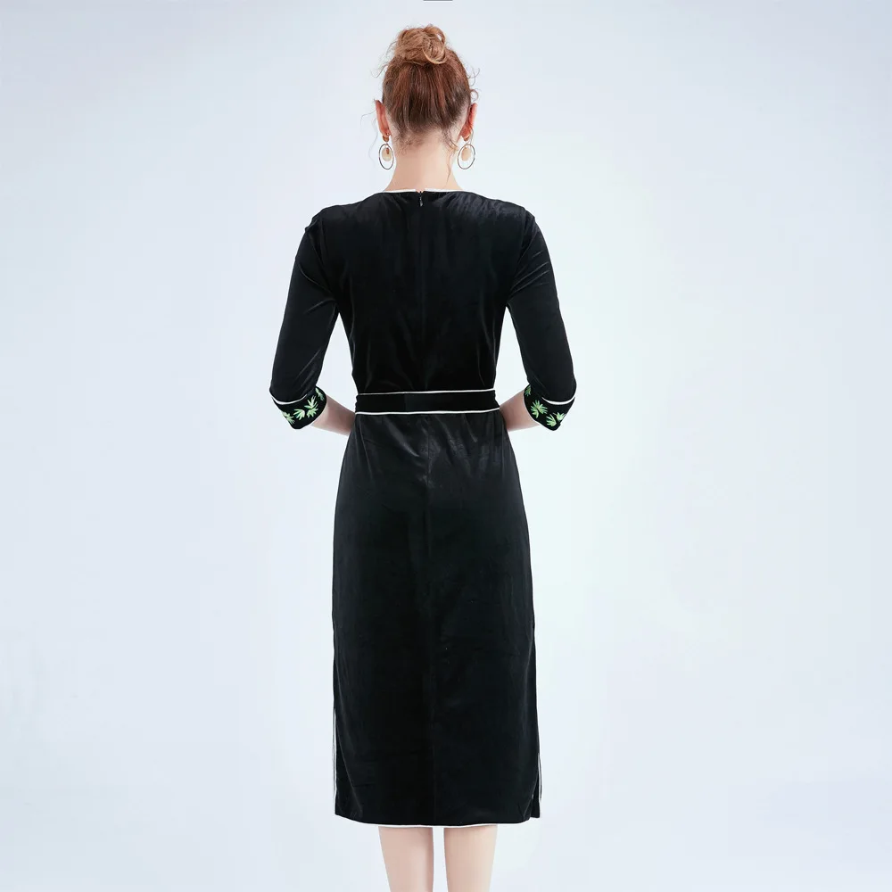 VERDEJULIAY Runway Black Velvet Dress Women Autumn Summer High Quality Half Sleeve Flower Embroidery Belt Split Long Dress