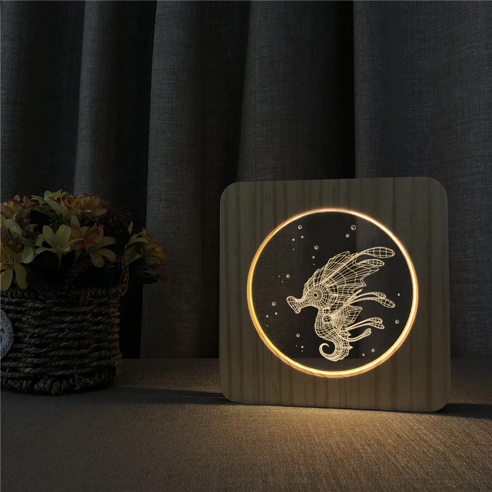 Seahorse животное деревянное 3D светодиодный Arylic ночной ламповый светильник переключатель управления врезной светильник для друзей подарок вентилятора дропшиппинг
