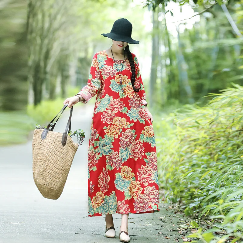 

Spring New Style 2019 Retro National Wind Loose And Plus-sized WOMEN'S Dress Cotton Linen Printed Long-sleeved Dress Women Dress