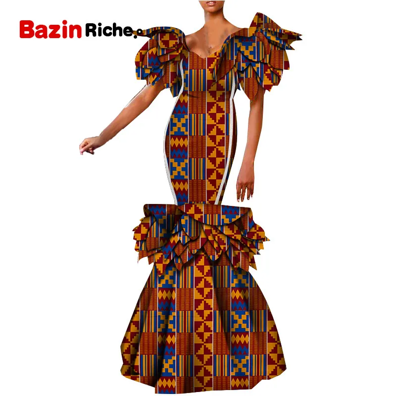Африканская Дашики платья для женщин Базен Riche Длинные вечерние платья африканская одежда для женщин лепесток жемчуг платье WY5268 - Цвет: 7