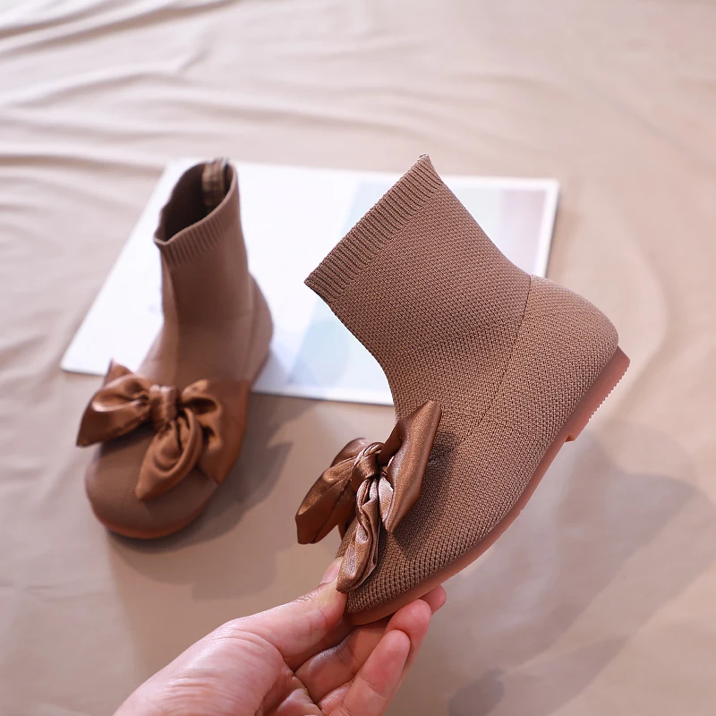Ботинки для маленьких девочек; детские носки; зимние вязаные модные бархатные ботиночки принцессы с милым бантом; SX234