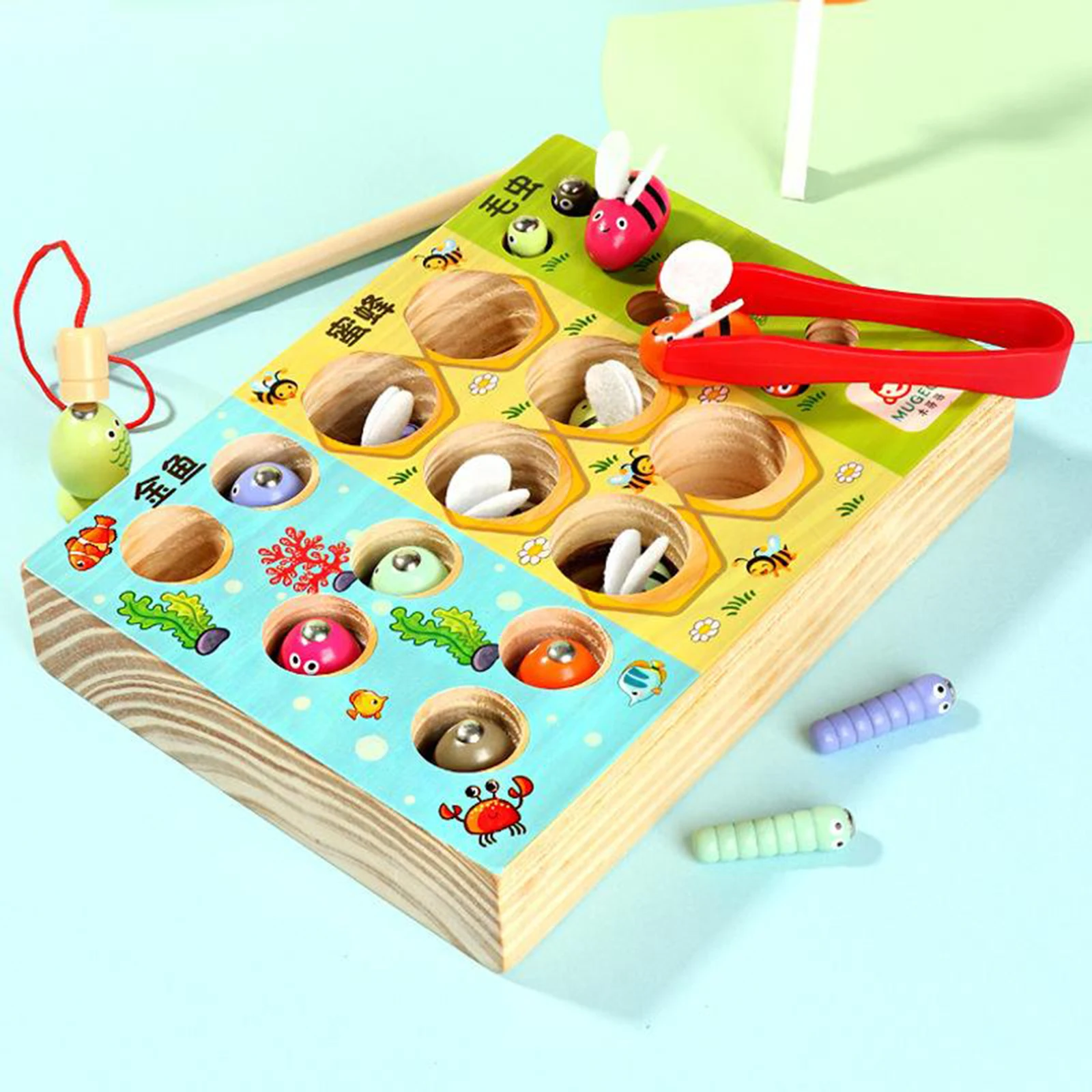 Wooden Toys Puzzle Early Childhood Educational Toys Fishing Catch Worm Bees Game Magnetic Fish Toy