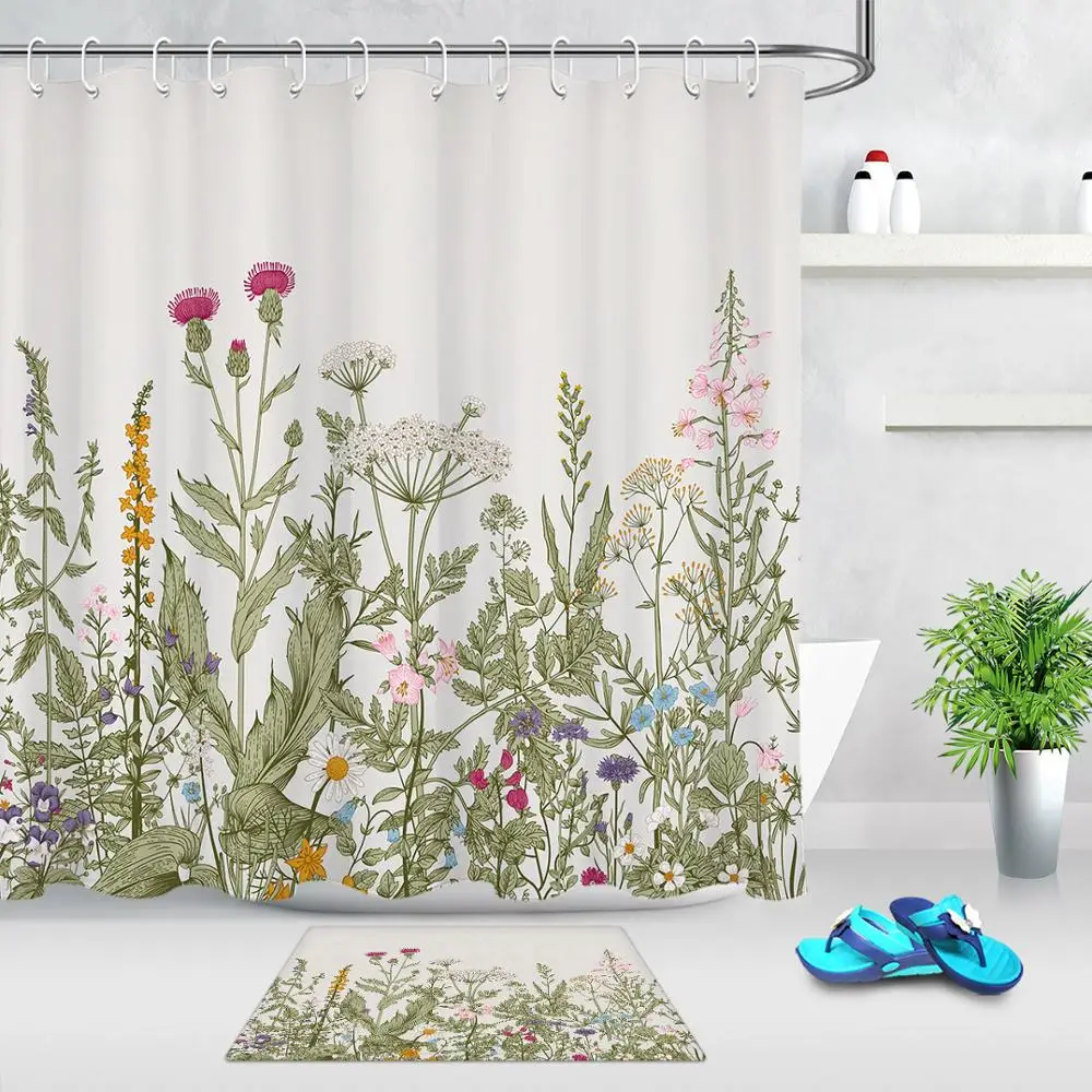 Spring Butterfly Flowers Polyester Fabric Shower Curtain Set Bathroom Mat Hooks Spring Butterfly Flowers Polyester Fabric Shower Curtain Set Bathroom Mat Hooks