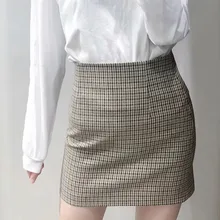 Осенне-зимняя женская элегантная клетчатая мини-юбка в мелкую ломаную клетку с молнией сзади и высокой талией, Женские винтажные короткие юбки трапециевидной формы, повседневные юбки