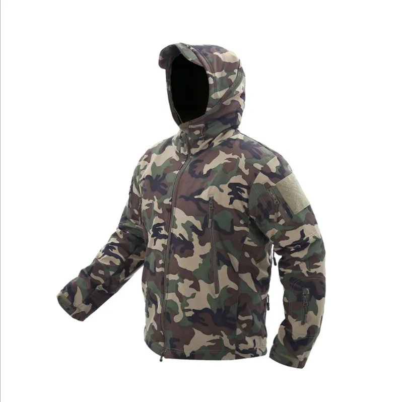 Скрытень Акула кожа софтшелл V5 Военная тактическая куртка для мужчин водонепроницаемый пальто камуфляж с капюшоном армейская камуфляжная одежда - Цвет: Woodland Camo