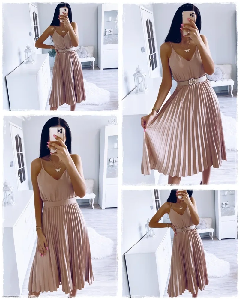 Simplee Sexy v-neck women party dress Elegant spaghetti strap female pleated office dress Solid female pink midi summer dresses