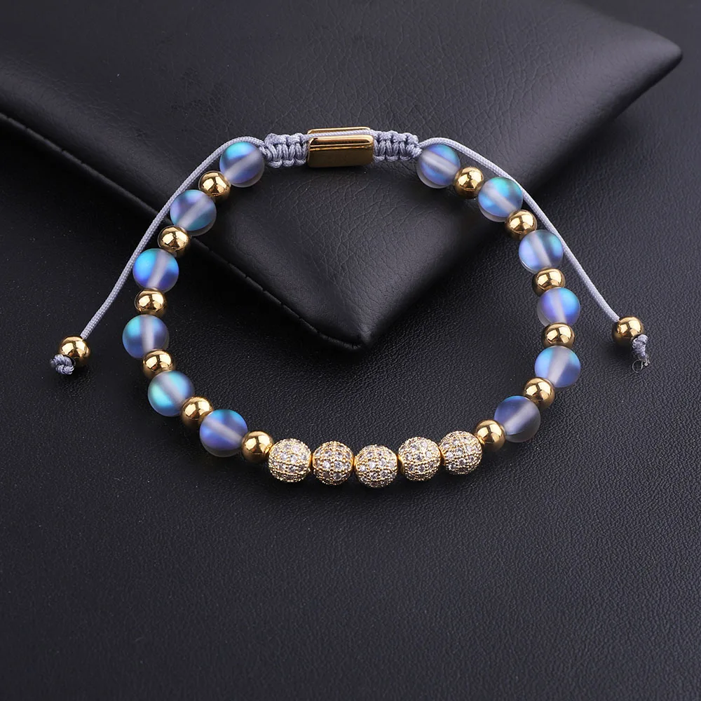 JARAVVI New Design Luxury CZ Pave Ball AB Grey Color Flash Glass Moonstone Stainless Steel Beads Macrame Bracelet Women - Image 4