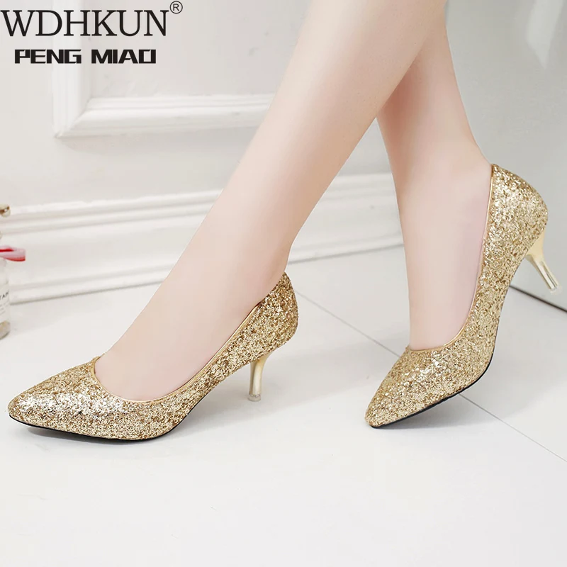 WDHKUN elegante señoras brillante glitter oro plata bombas 2019 sexy del dedo del pie puntiagudo zapatos de tacón alto, correa en el tobillo zapatos de fiesta de boda de mujer