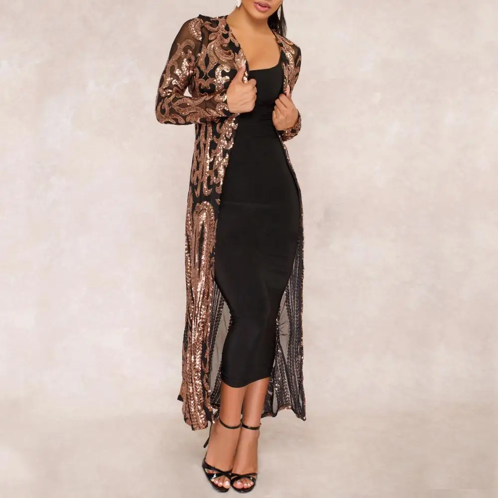 Gorgeous Sequin Cardigan Women Sexy Sparkling Long Cardians Ladies Chic Cape See-through Sleeve Classy Outwear MT3059 | Женская одежда
