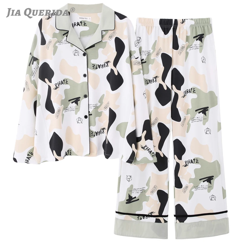 Women Spring New Cotton Graffiti Korean Style Long Sleeves Pants Cardigan Pyjamas Women Pajama Set Elegant Lady Home Clothes