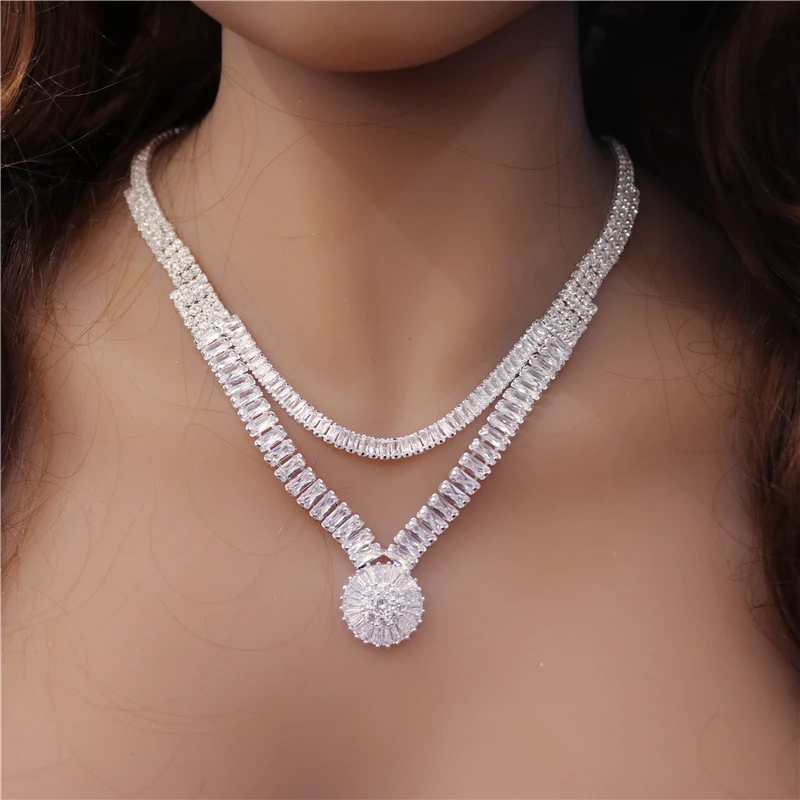 

Fashion Exquisite Zircon Double Deck Necklaces Earrings Set Wholesale And Retail Shining Crystal Elegant Women's Jewelry Gifts