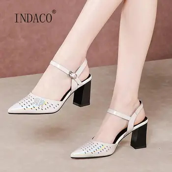 

2020 New Women Sandals Leather Pointed Toe High Heel Sandals Ankle Strap Summer Shoes Women Plus Size 42