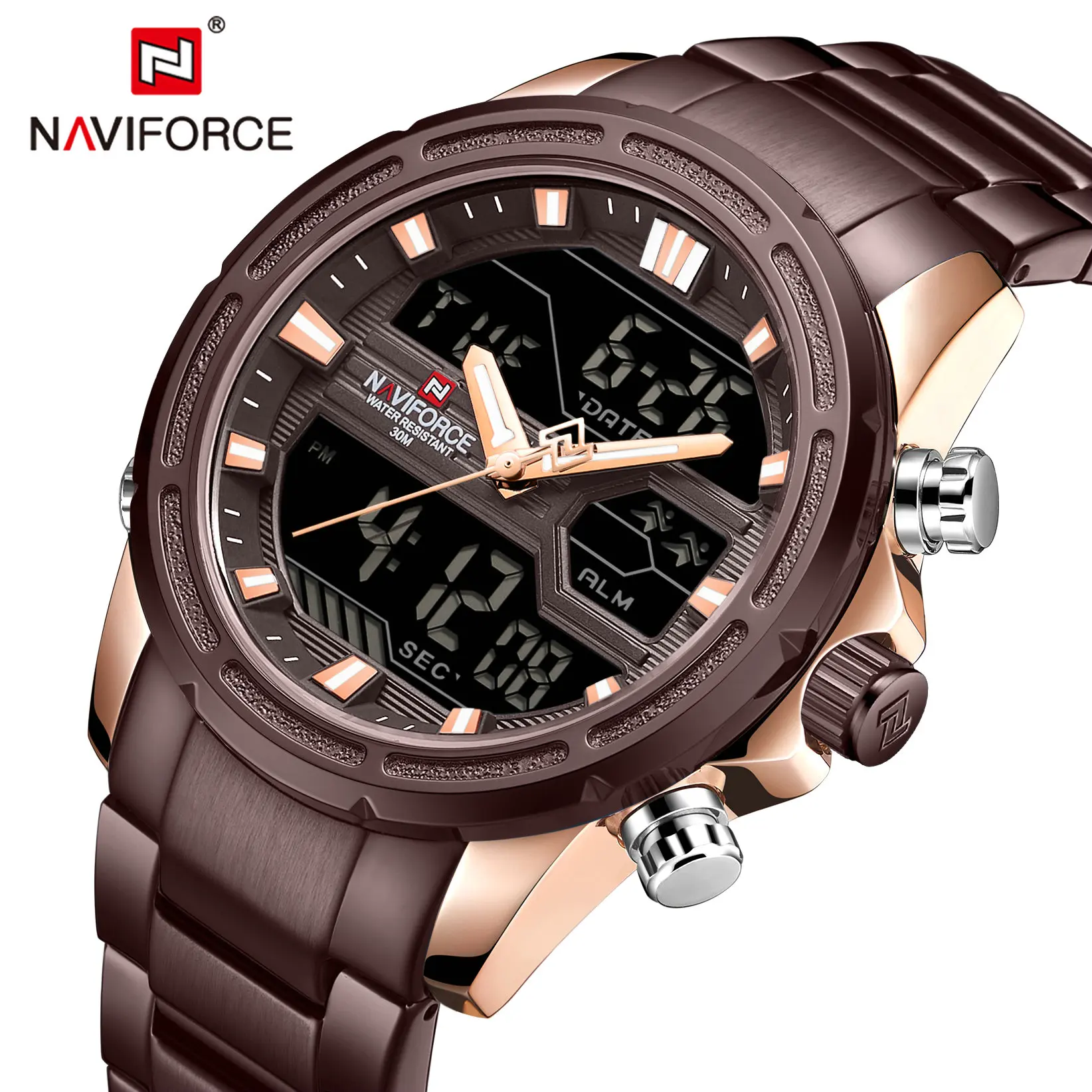 

NAVIFORCE Sports Dual Time Quartz Mens Watches Top Brand Luxury Full Steel Strap Multifunction LED Digital Watch Men Waterproof