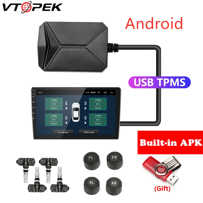 Online Sistema de Monitoreo de presión de neumáticos USB Android TPMS sistema de alarma de visualización sensores internos de 5V navegación Android Radio de coche 4 sensores