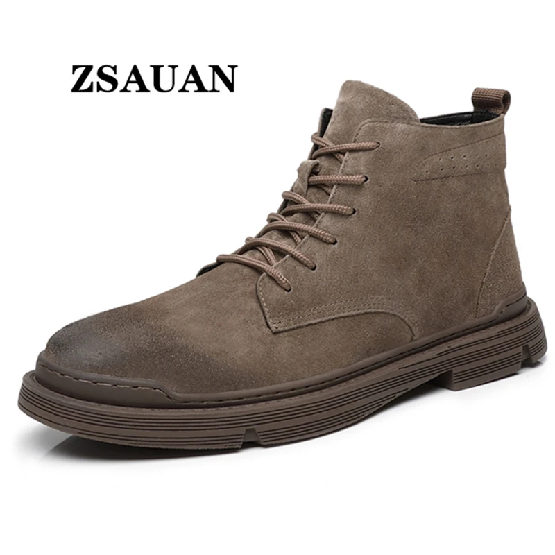

ZSAUAN Dropshipping Pigskin Leather Men Work Boots British Brogue Casual Ankle Boots Spring / Winter Version Anti-skid Big Size