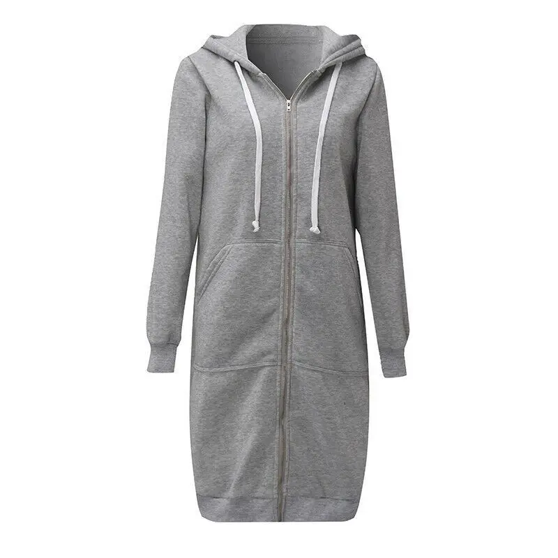 Light Gray Женское пальто на молнии с открытым капюшоном, женские зимние теплые длинные толстовки, парка, куртка, топы - Цвет: Light Gray