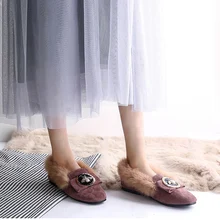 Роскошная женская обувь на плоской подошве с пряжкой; обувь без задника с искусственным мехом лисы; женская теплая зимняя обувь с круглым носком; зимняя плюшевая женская обувь на плоской подошве; зимняя теплая обувь