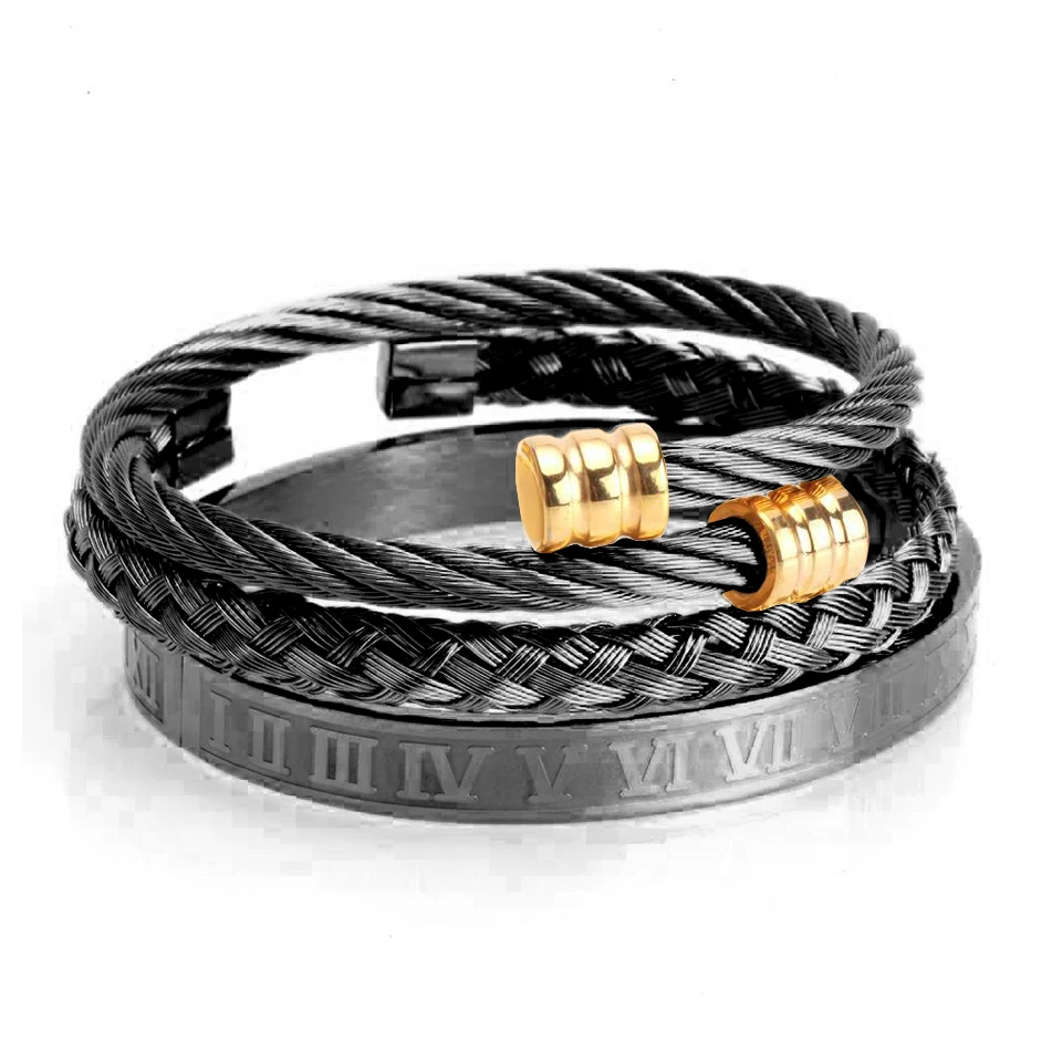 Black Gold Color Borasi 3 шт./компл. Роскошный Золотой/Серебряный 316L Нержавеющая сталь оплетки браслеты открытие манжеты Браслеты для Для мужчин удивительная цена - Окраска металла: Black Gold Color