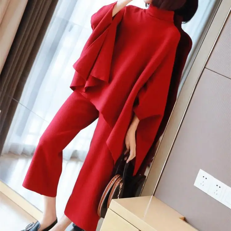 

Women Wide Leg Pants Long Sweater Two Piece Set Batwing Sleeve Plus Size Sweater Tops Knitted Suit Knit Outfits