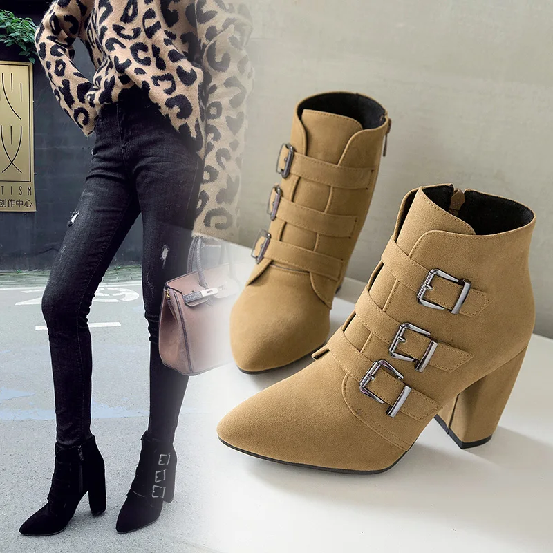 

ins hot women Ankle boots Plus size 22-28cm flock Metal buckle high heel boots Europe and America fashion winter shoes