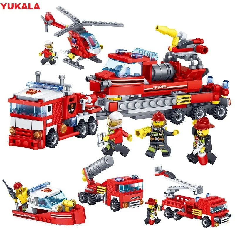 YUKALA 348pcs Fire Fighting Car Helicopter Boat Model Building Blocks City Firefighter Figures Trucks Bricks Childre | Игрушки и хобби