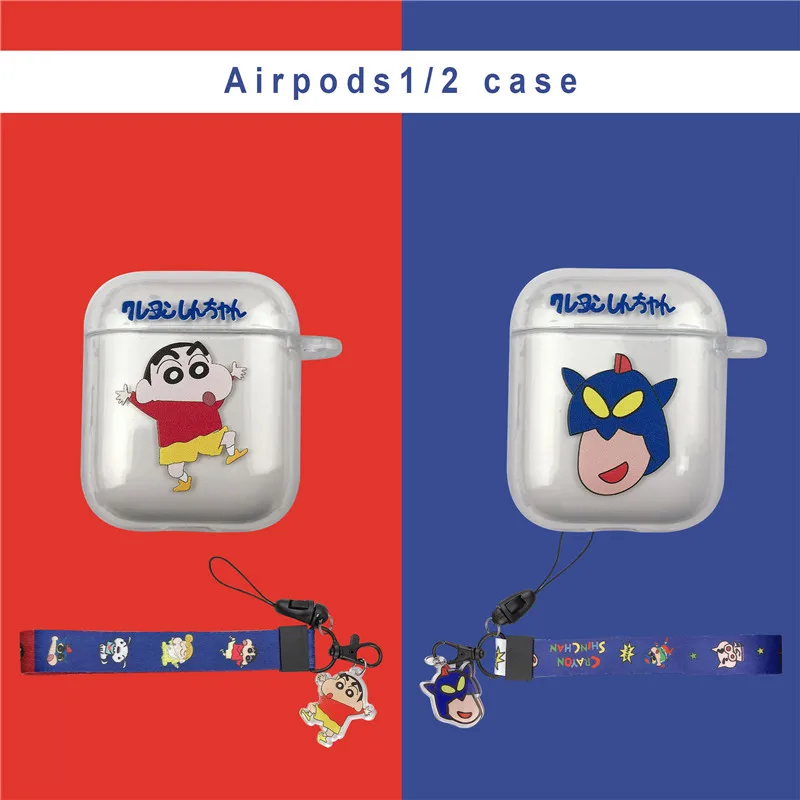 

Transparent TPU Cartoon Cute Crayon Shin-chan Action Kamen With Strap Headphone Cases for Apple Airpods 1/2 Soft Silicone Cover