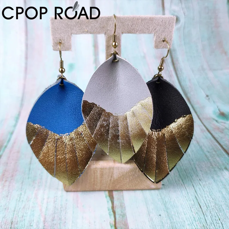 Женские серьги из воловьей кожи Cpop золотистые матовой с блестящими подвесками в