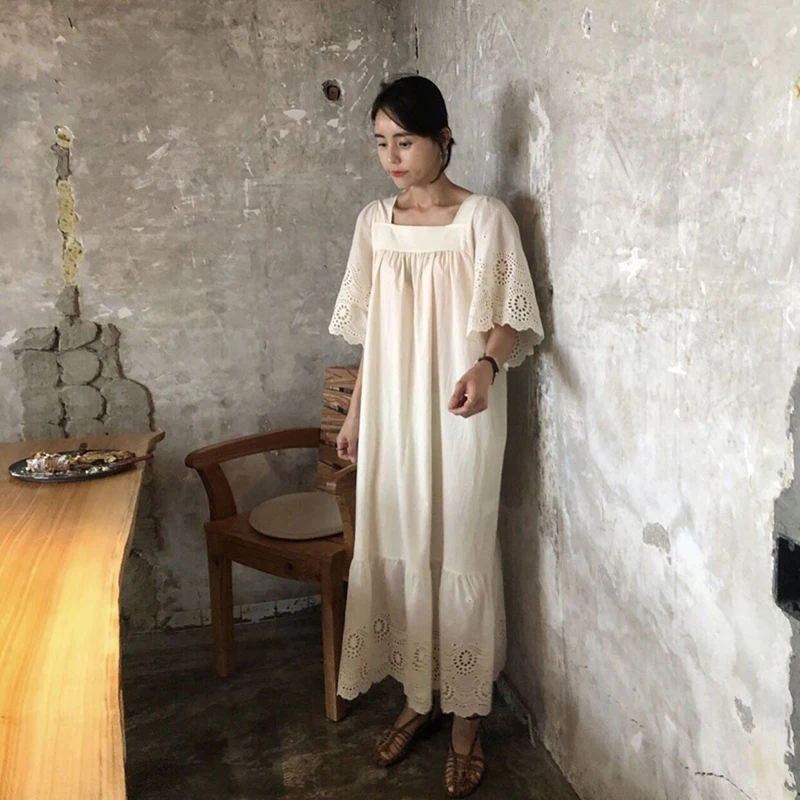 Embroidery Straight Dress Women Hollow Out Cotton Vintage Summer Long Maxi Dress Plus Size Loose Square Neck Flare Sleeve Dress