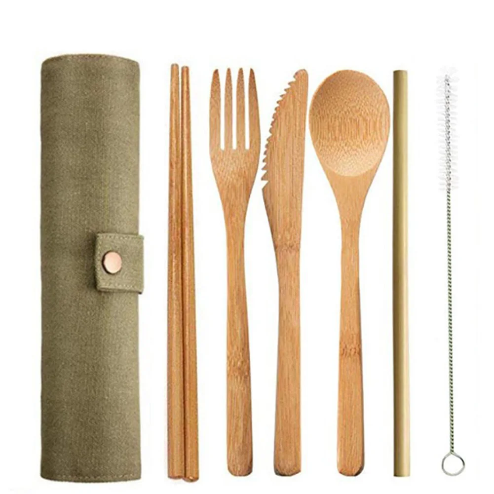 Bamboo Picnic Straw Eco-friendly Spoon Fork Chopstick Cutlery Set With Cloth Bag Kitchen Utensil Knife Natural Travel Portable