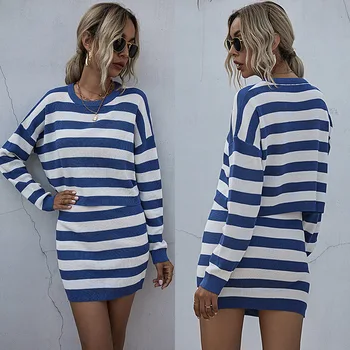 

Women's 2 Piece Outfits Knit Sweater Long Sleeve Blue-Striped Women Winter Sweater Tops with Female Sexy Mini Skirt 2 Piece Set