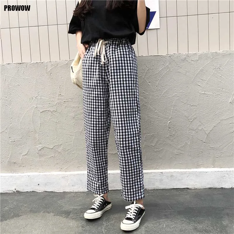 Vintage High Waist Plaid Pants Women Casual Sports Pants Lady 2020 Summer New Fashion Korean Plus Size Student Wide Leg Trousers