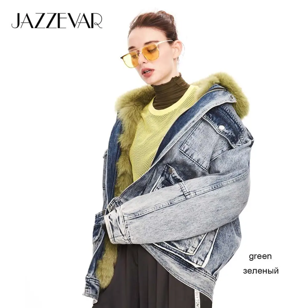 JAZZEVAR Зима Новое поступление Женская куртка высокого качества с мехом модная свободная одежда Верхняя одежда Джинсовая куртка womenW9083-1 - Цвет: green 002