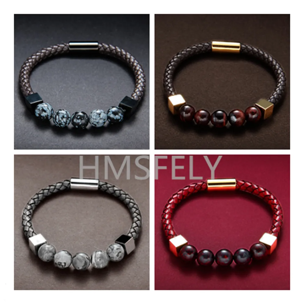 HMSFELY Fashion Men Real Leather Rope Stone Beaded Black Brown Bracelets Stainless Steel Gold Beads Magnetic Bracelet For Men